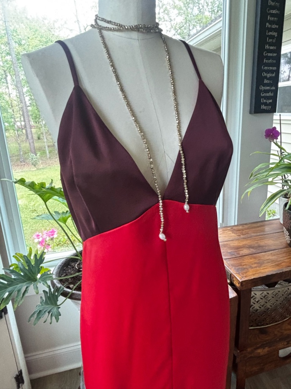 Marina Moscone Two-Tone Red and Burgundy Spaghetti Strap Dress